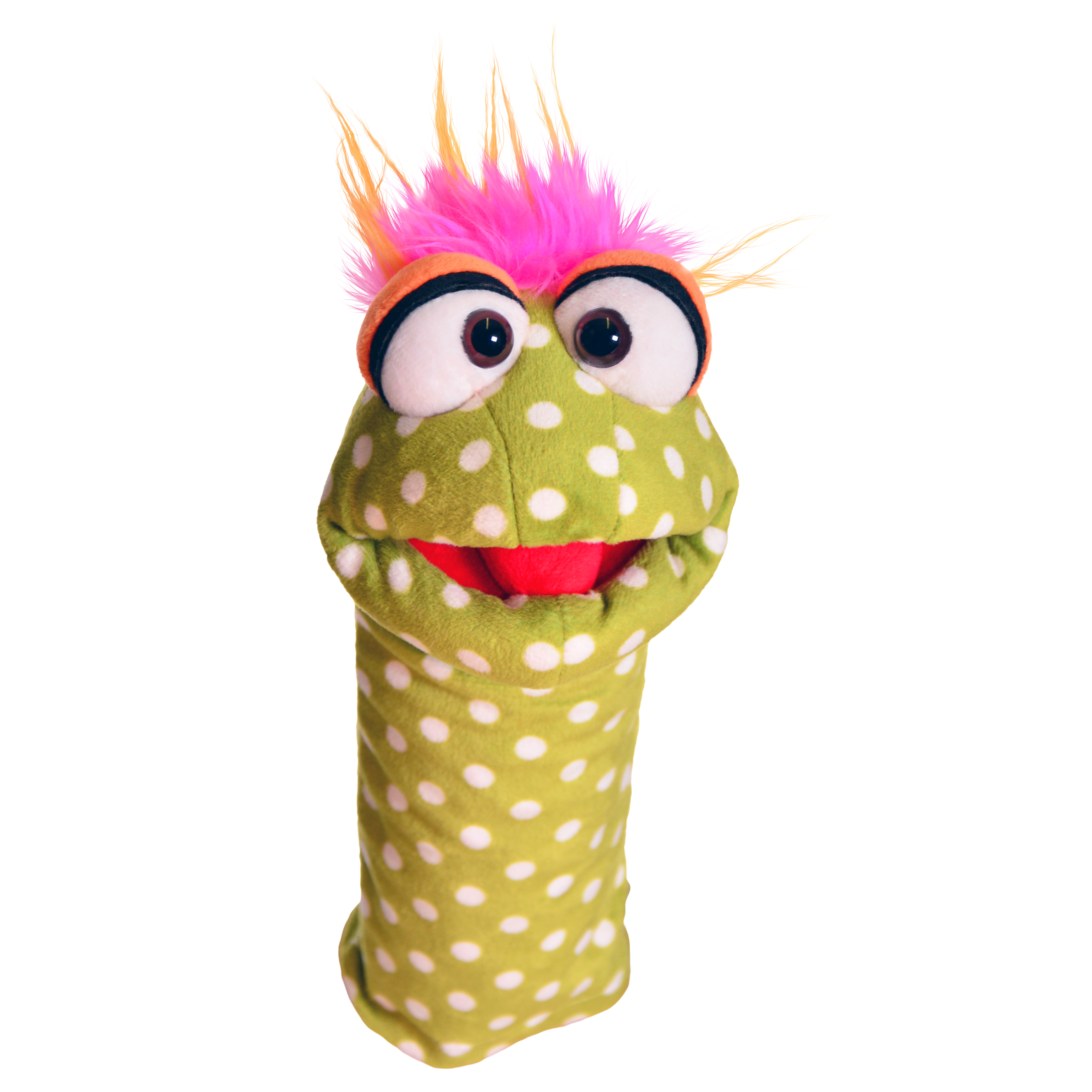 Living Puppets Handpuppe Brabbelchen: grün gepunkteter Quasselwurm mit pink-orangem Haarschopf
