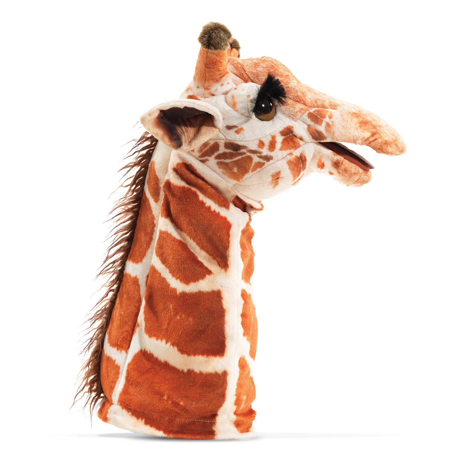 Folkmanis giraffe hand puppet with movable mouth, orange-brown spot pattern and dark mane, side view