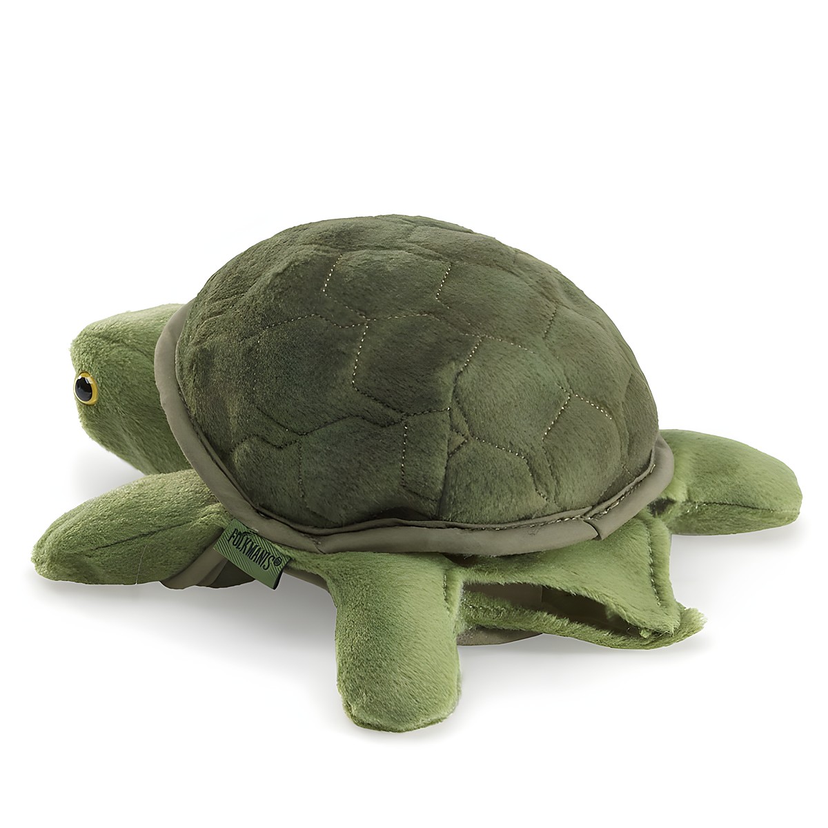 Folkmanis Handpuppe Baby Schildkröte in Olivgrün mit gestepptem Panzer und gelb-schwarzem Auge, Schrägansicht