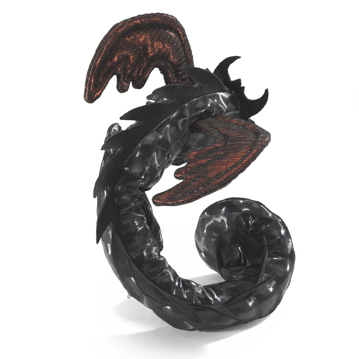 Folkmanis finger puppet dragon wristlet in black with copper glitter wings and a curled tail, shown at an angle