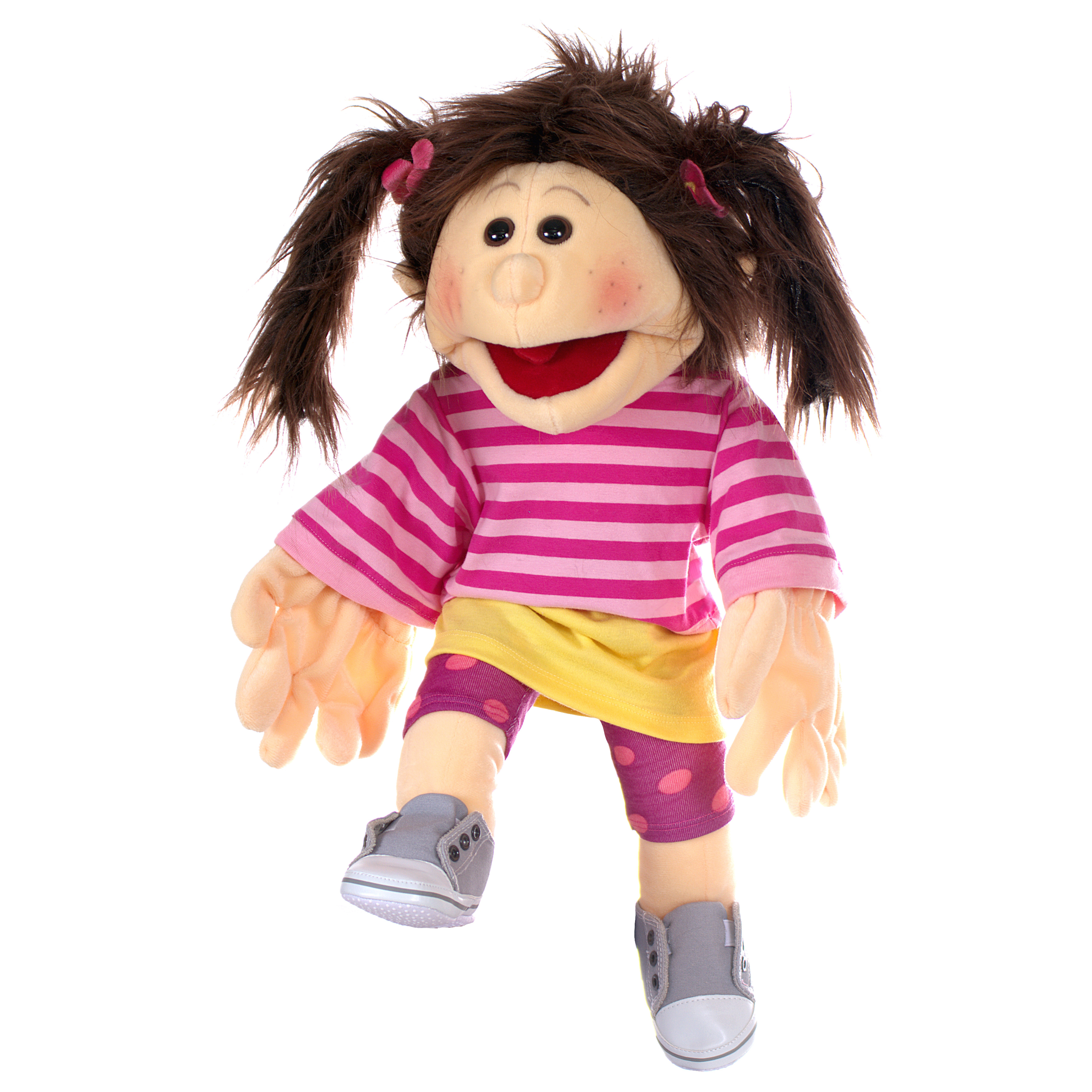 Living Puppets Handpuppe Kleine Finja in Schrittpose mit geöffneten Händen, in pink gestreiftem Shirt, gelbem Rock und gepunkteter Leggings