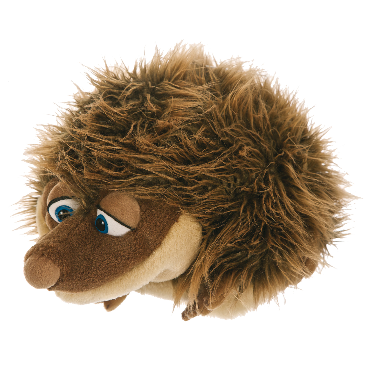 Living Puppets hand puppet Sören the hedgehog with brown spiky fur and sleepy blue eyes, lying down, side view