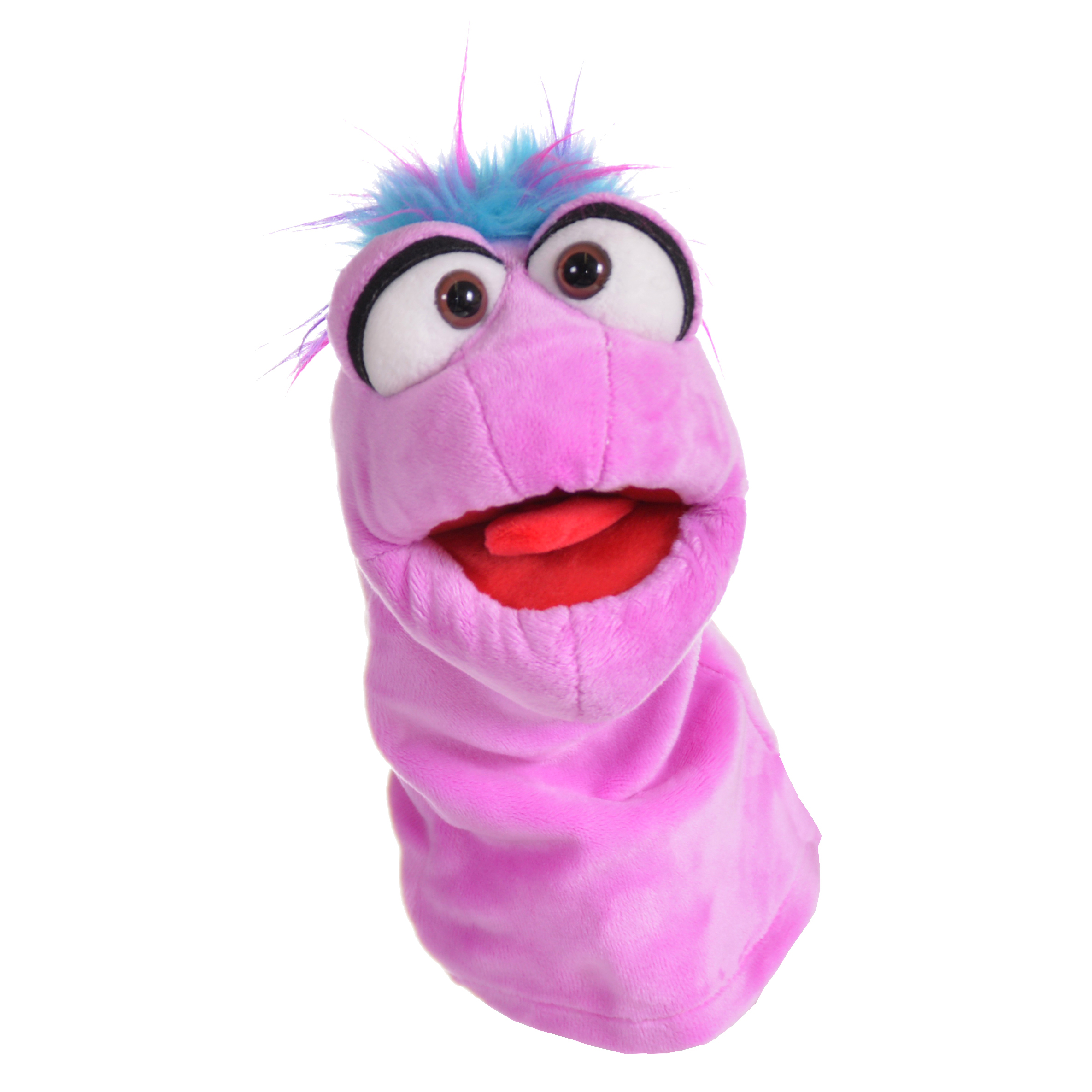 Living Puppets Strumpfhandpuppe Tüffelchen aus der Quasselwurm-Familie, rosa mit blau-lila Haarschopf und geöffnetem rotem Mund, Frontansicht