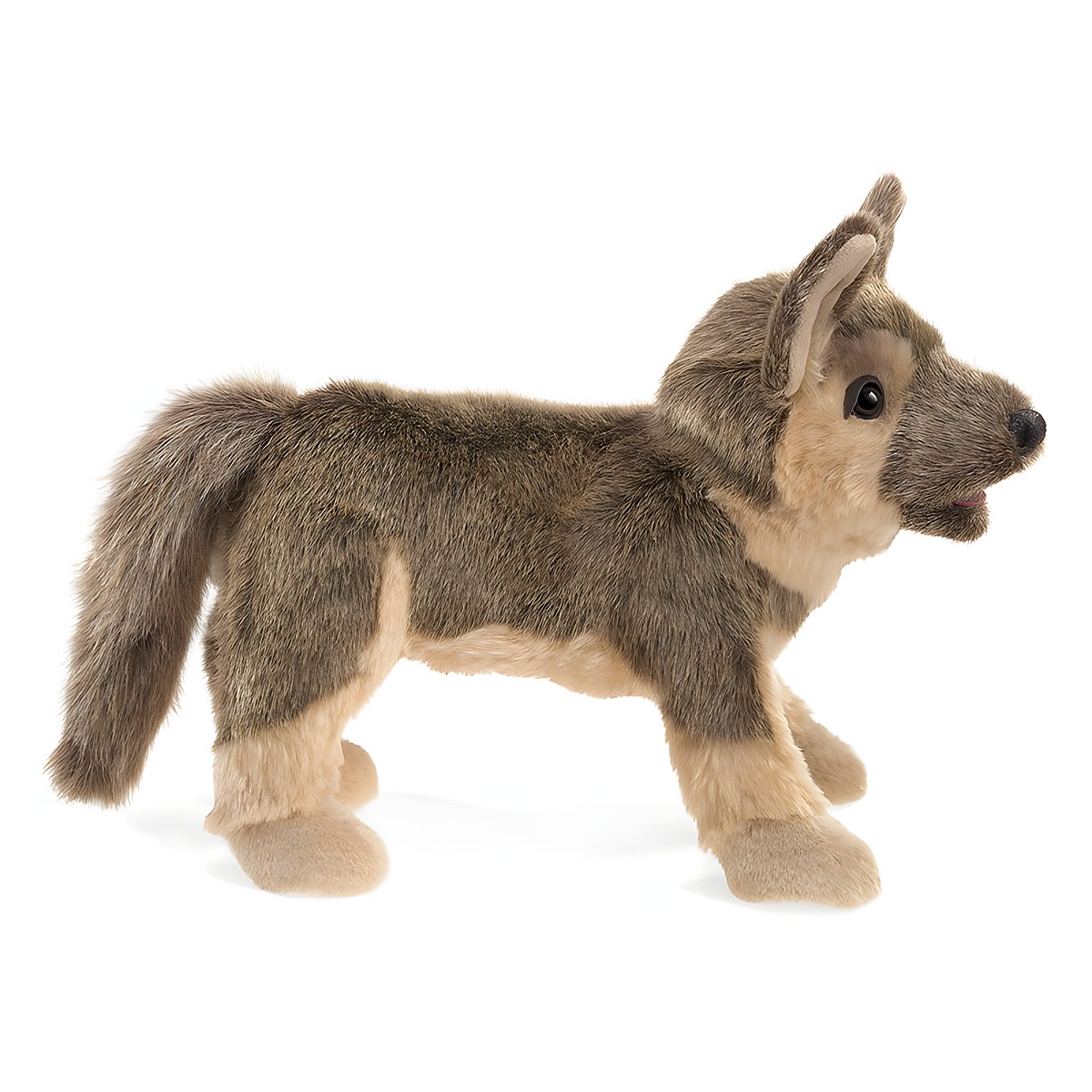 Folkmanis German Shepherd puppy hand puppet in grey-brown, standing in side view, with light beige belly and glossy eyes