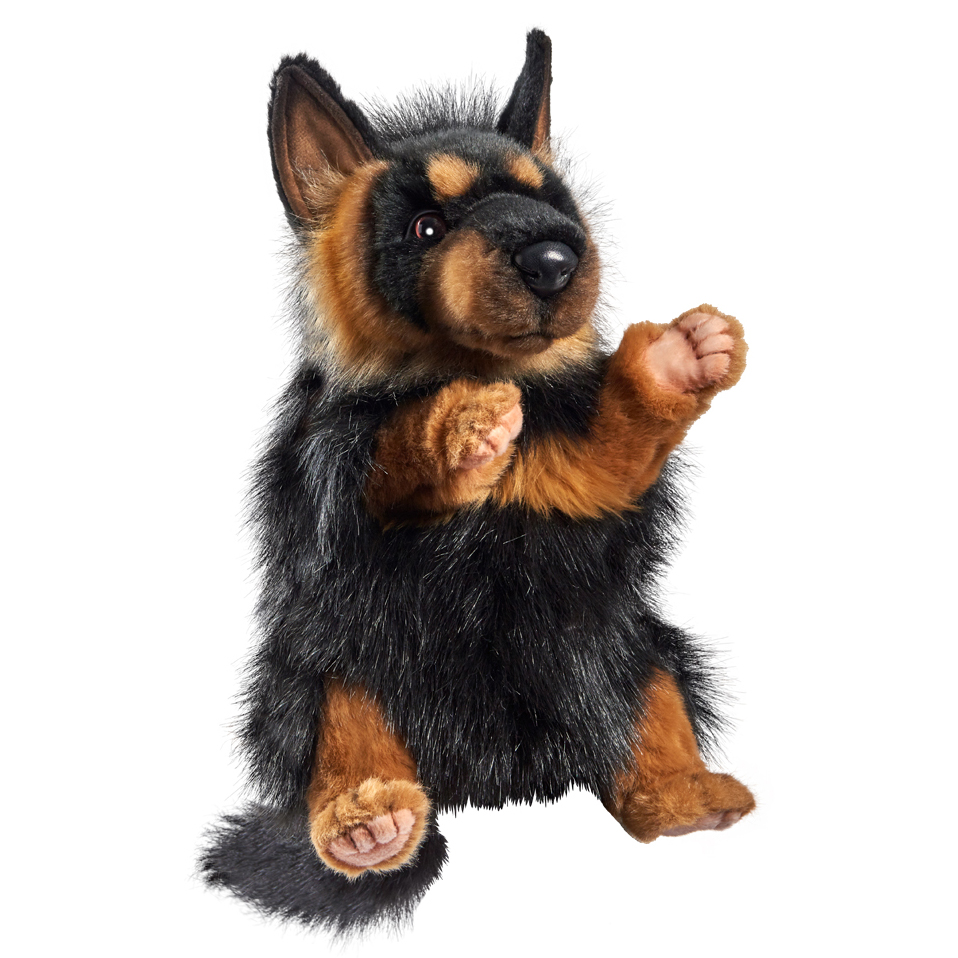 Deutscher-Schäferhund-Handpuppe von Hansa Creation mit schwarz-braunem Fell und aufgestellten Ohren