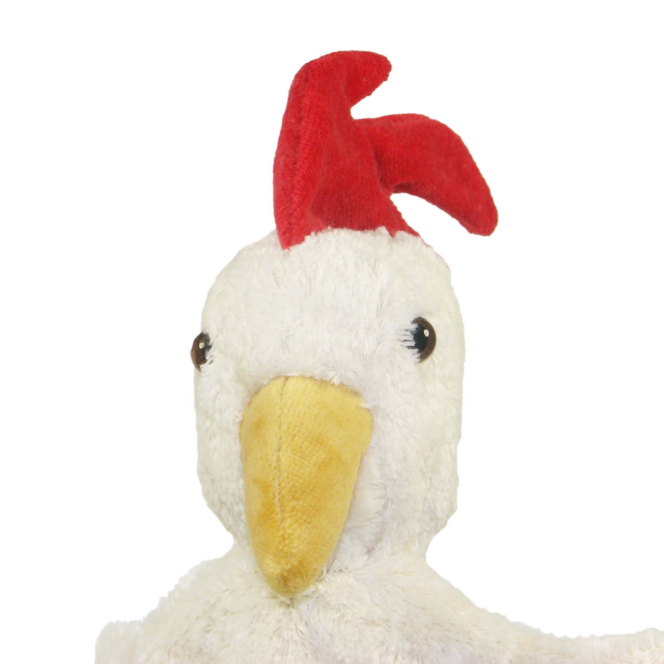 Kallisto hand puppet rooster, head portrait with a red comb, yellow beak and cream-white plumage
