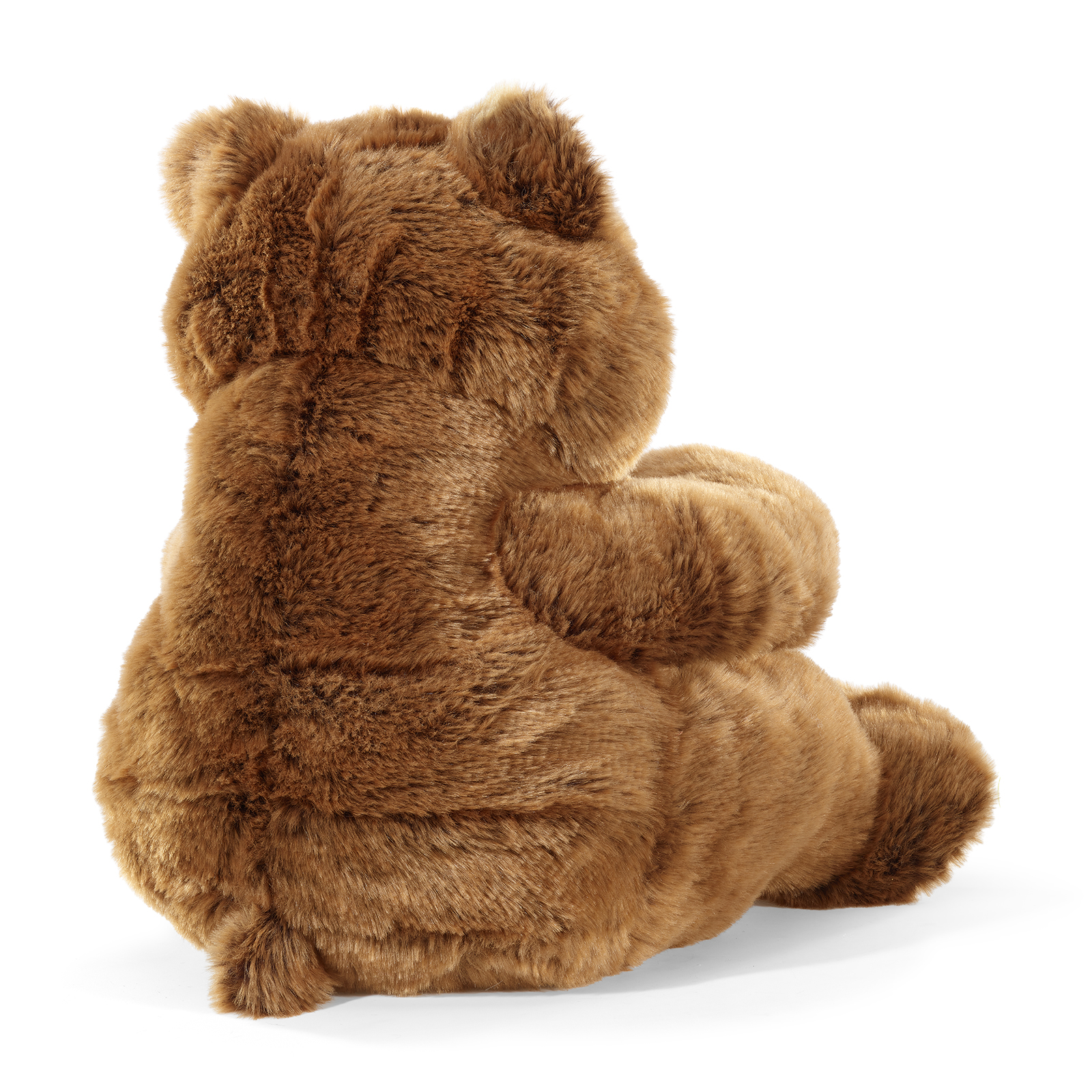 Folkmanis large bear hand puppet from behind, sitting with thick brown fur and one paw raised.