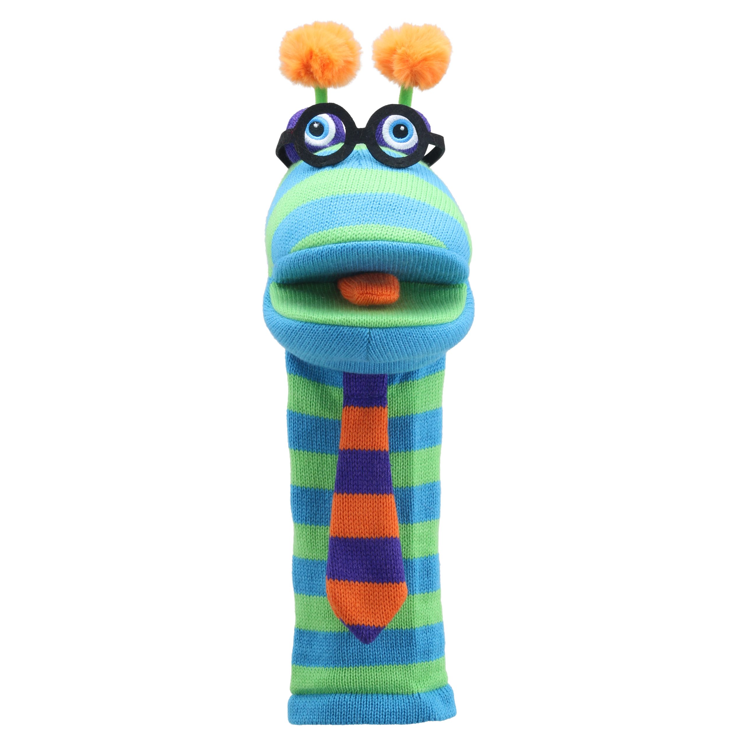 The Puppet Company sock puppet Dylan, blue and green monster with glasses, orange pom-pom eyes and a necktie