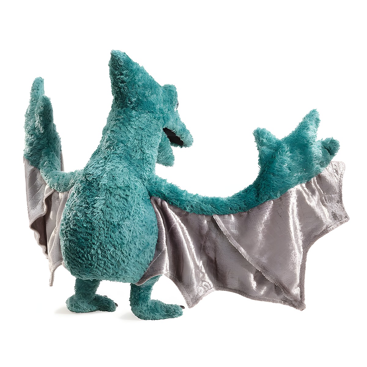 Folkmanis Handpuppe Flugsaurier in Türkis mit ausgebreiteten silbergrauen Stoffflügeln, Rückenansicht