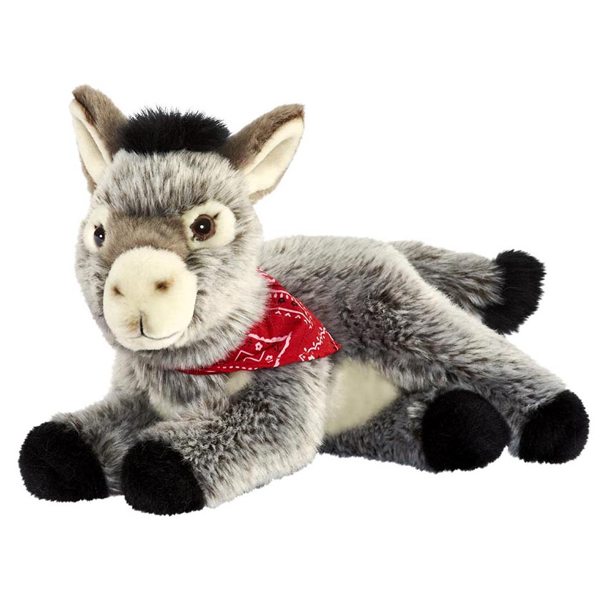 Lying donkey by Anima with grey fur, dark mane and a red neckerchief