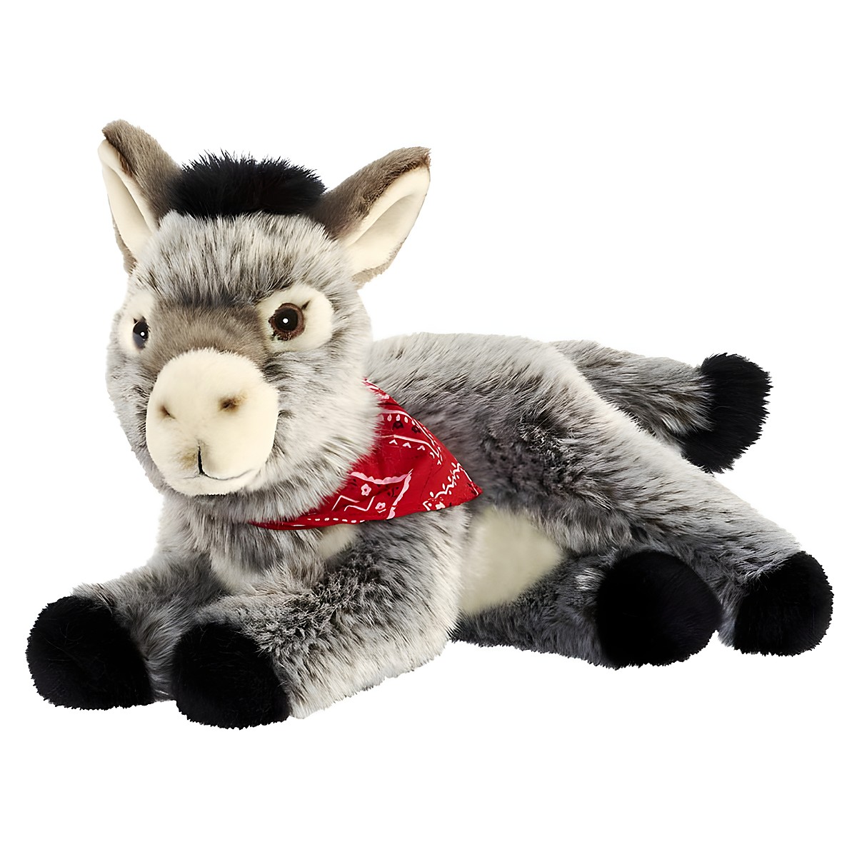 Lying donkey by Anima with grey fur, dark mane and a red neckerchief