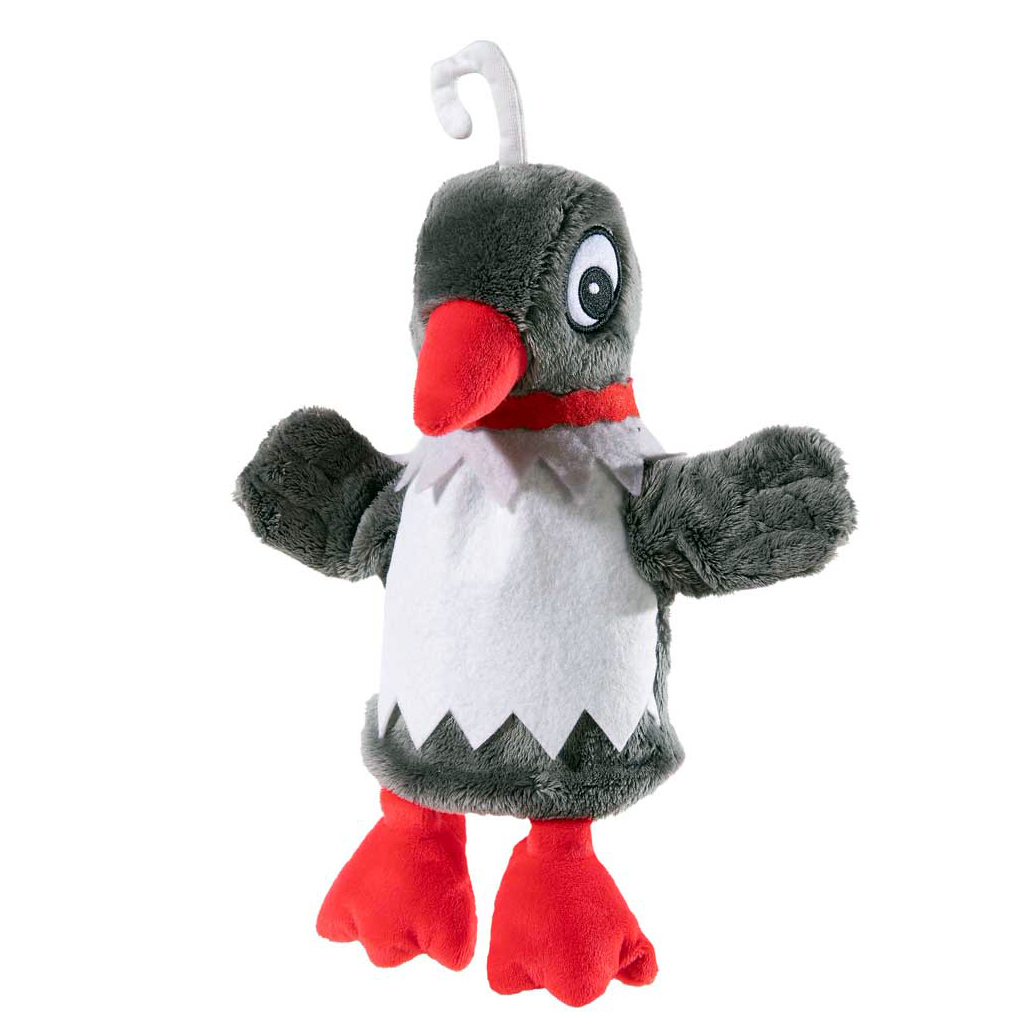 Heunec hand puppet Frau Elster, grey plush puppet with a white zigzag-patterned belly, red beak and red collar