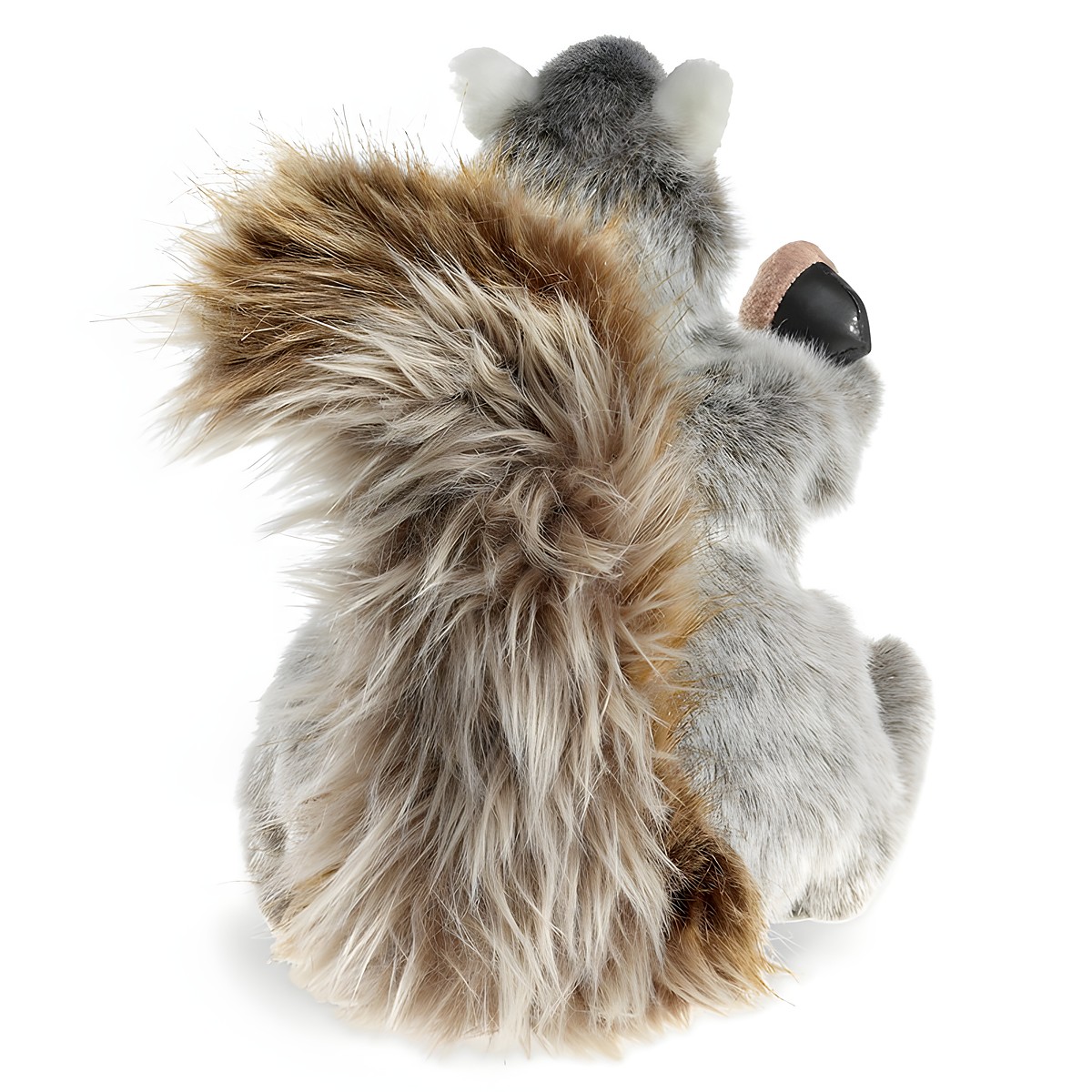 Folkmanis grey squirrel hand puppet seen from behind with a bushy brown-grey tail and an acorn in its paw