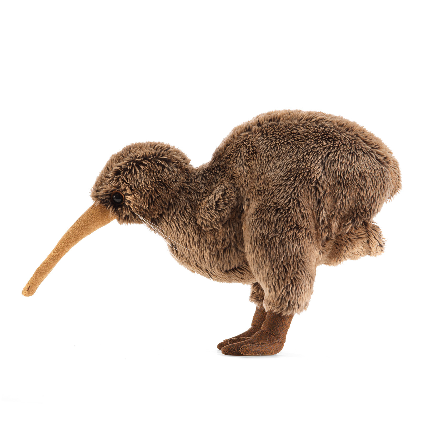 Folkmanis kiwi hand puppet in brown plush with a long orange-brown beak, shown standing in side view