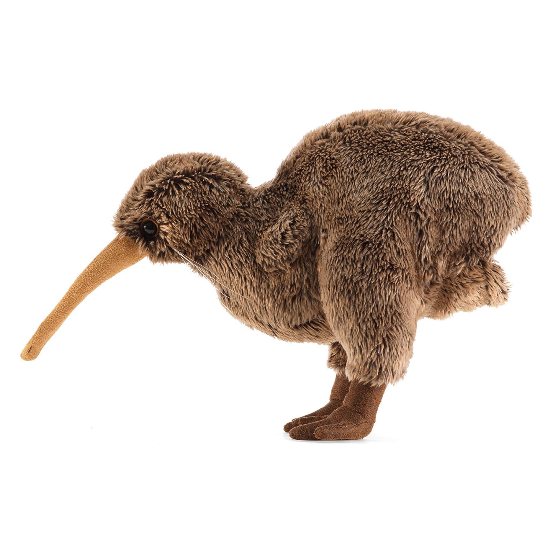 Folkmanis kiwi hand puppet in brown plush with a long orange-brown beak, shown standing in side view