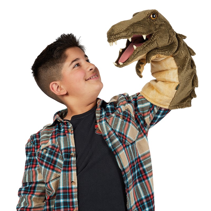 Boy holding a Folkmanis crocodile hand puppet with open mouth and visible teeth up in the air