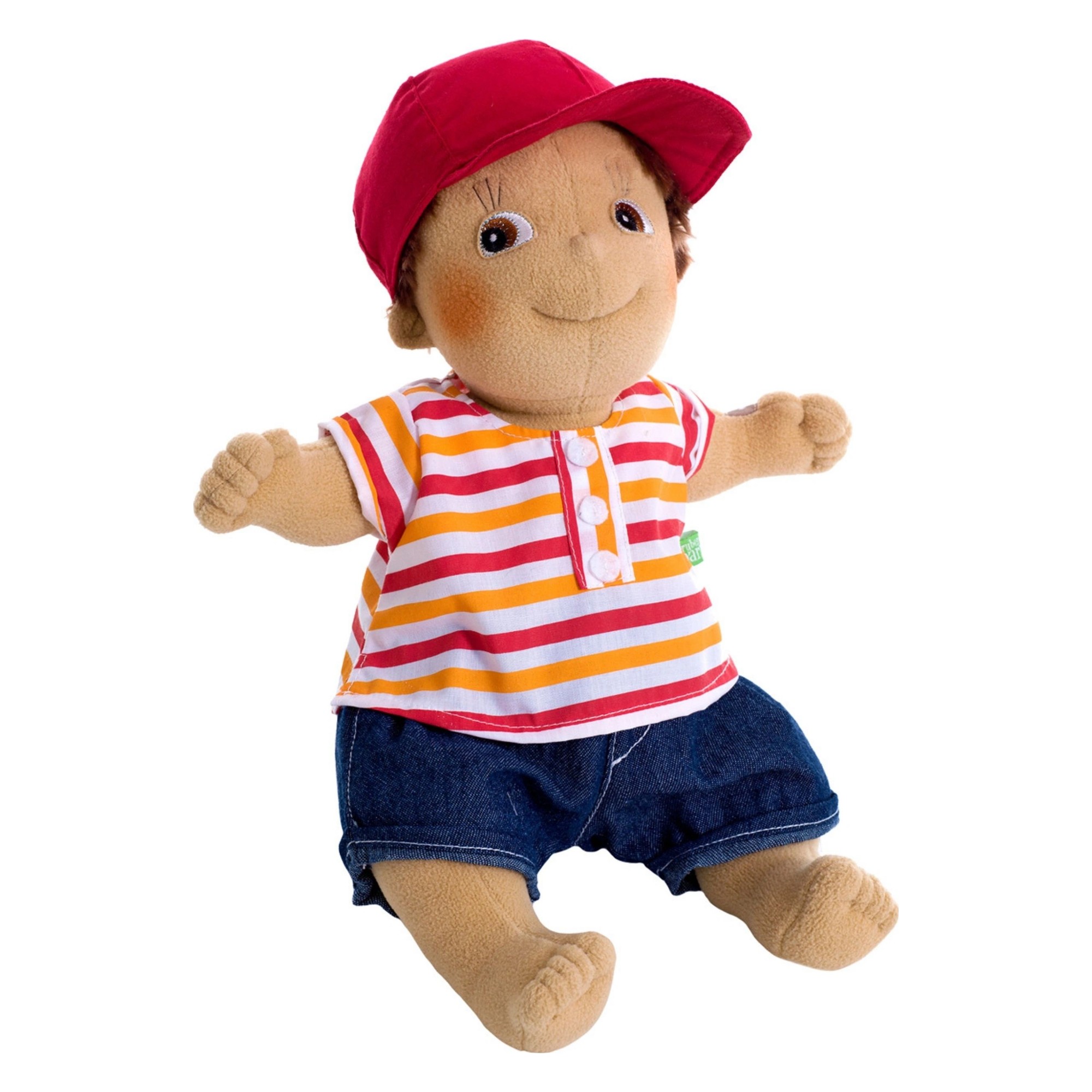 Rubens Kids doll Tim with red cap, striped shirt and denim shorts