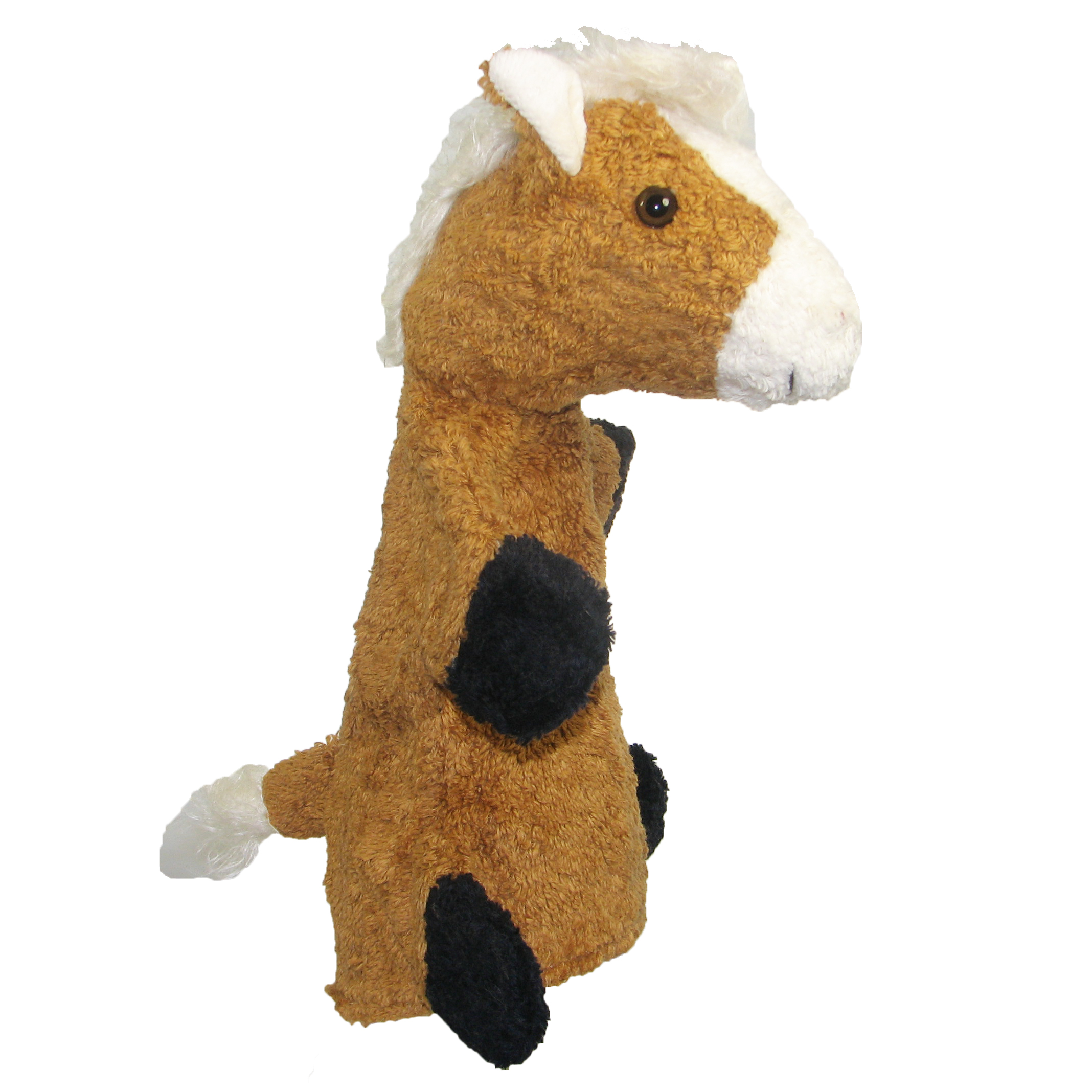 Kallisto hand puppet horse side view, brown natural-material puppet with black patches and a cream tail