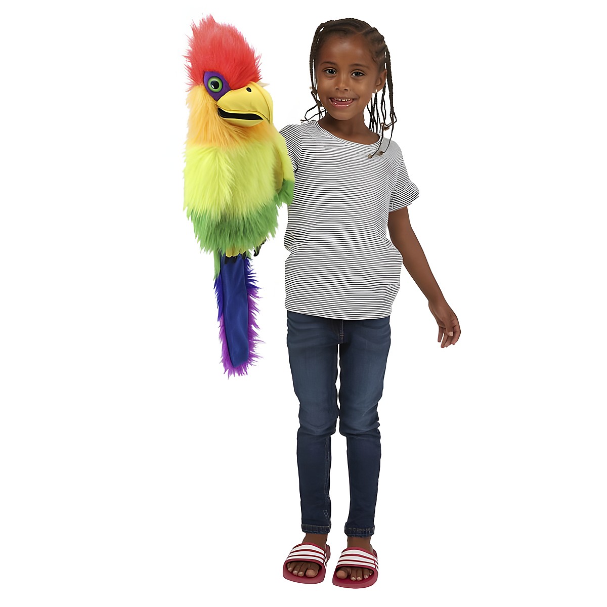 Girl holding the The Puppet Company rainbow bird hand puppet on her arm, usage example