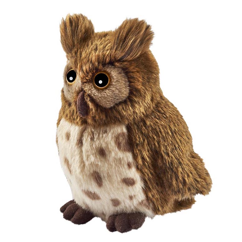 Eagle owl plush toy by Anima with brown plumage, speckled light chest, ear tufts and orange eyes