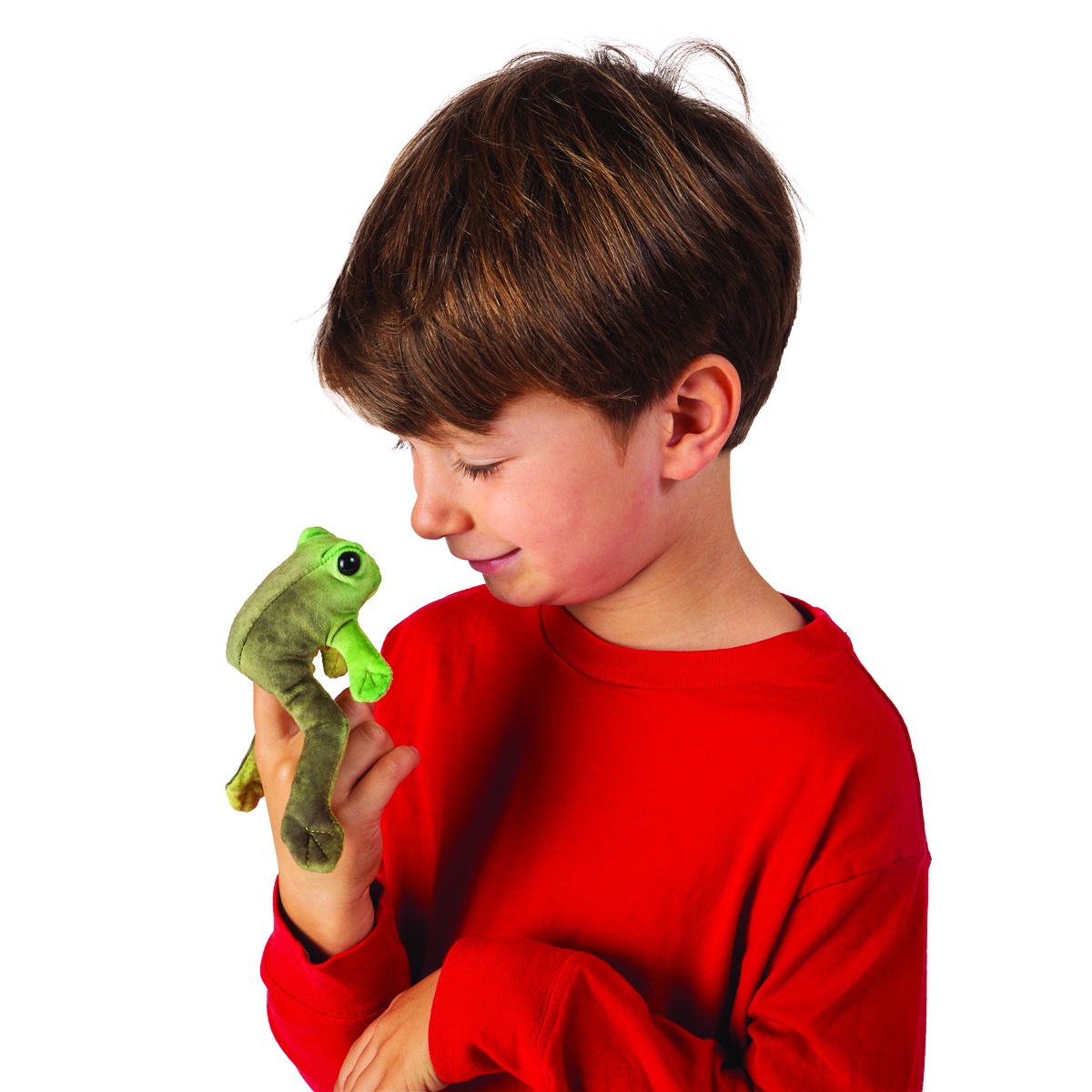 Boy in a red jumper looking at a green Folkmanis mini sitting frog finger puppet on his index finger