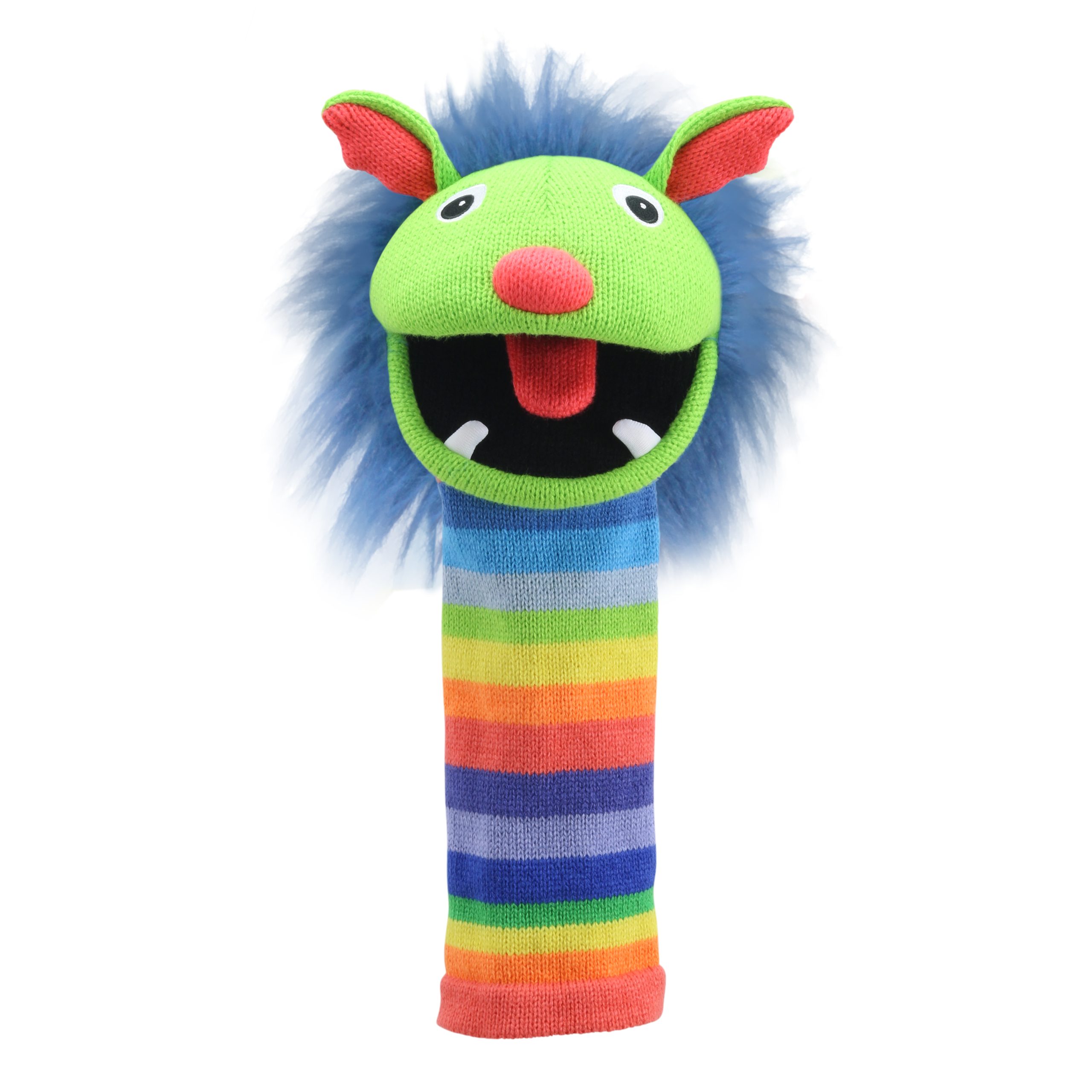 The Puppet Company sock puppet Rainbow, green monster with a blue mane and a rainbow-striped body