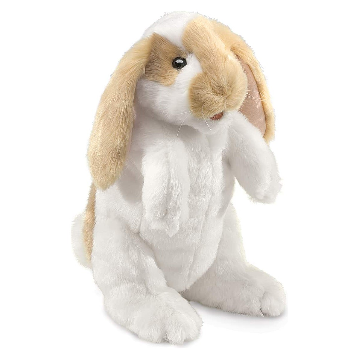 Folkmanis Handpuppe stehendes Widderkaninchen mit weißem Plüschfell und beigefarbenen Hängeohren, Schrägansicht