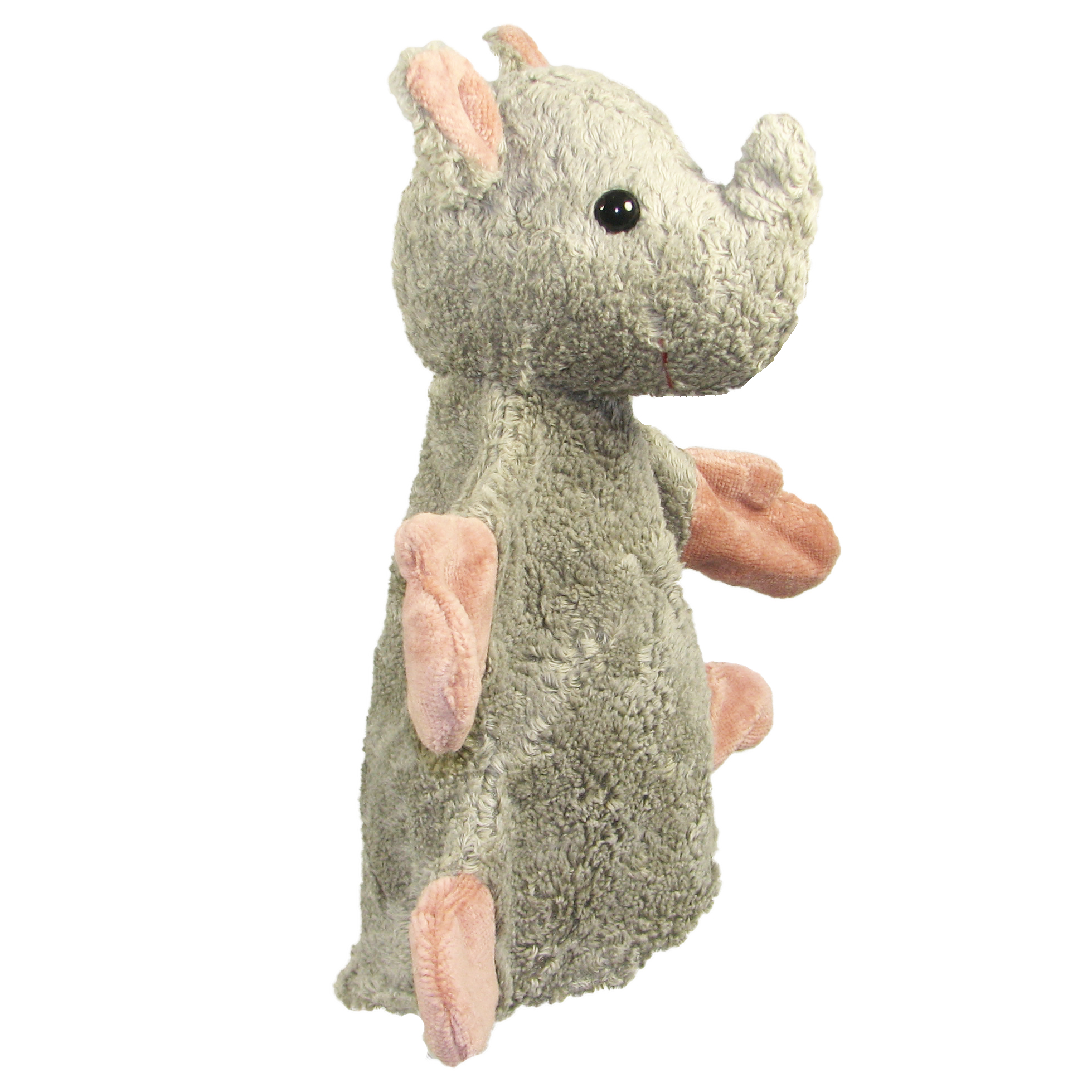 Kallisto hand puppet rhino side view, grey-green natural-material puppet with pink ears and a small horn