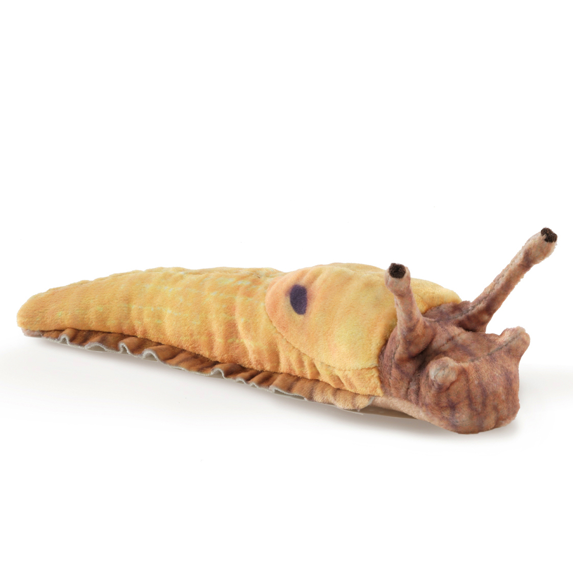 Folkmanis mini banana slug finger puppet in yellow-brown with two tentacles, side view on a white background
