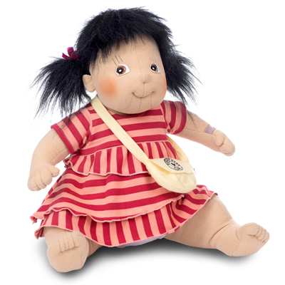 Rubens Barn Original doll Maria with black hair, striped ruffled dress and shoulder bag