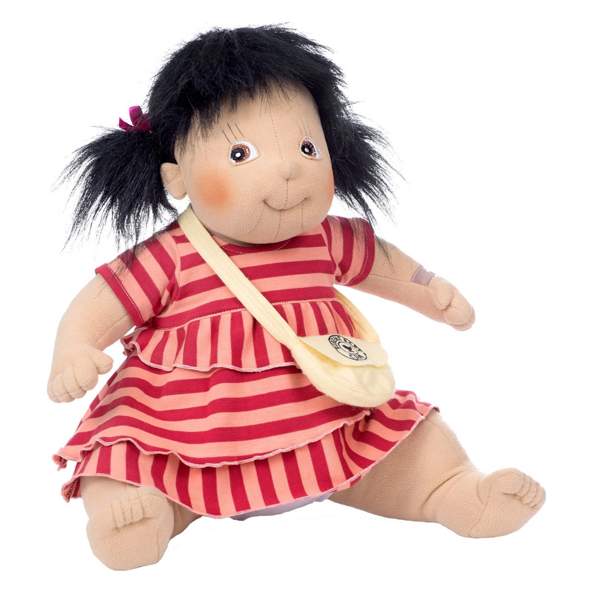 Rubens Barn Original doll Maria with black hair, striped ruffled dress and shoulder bag