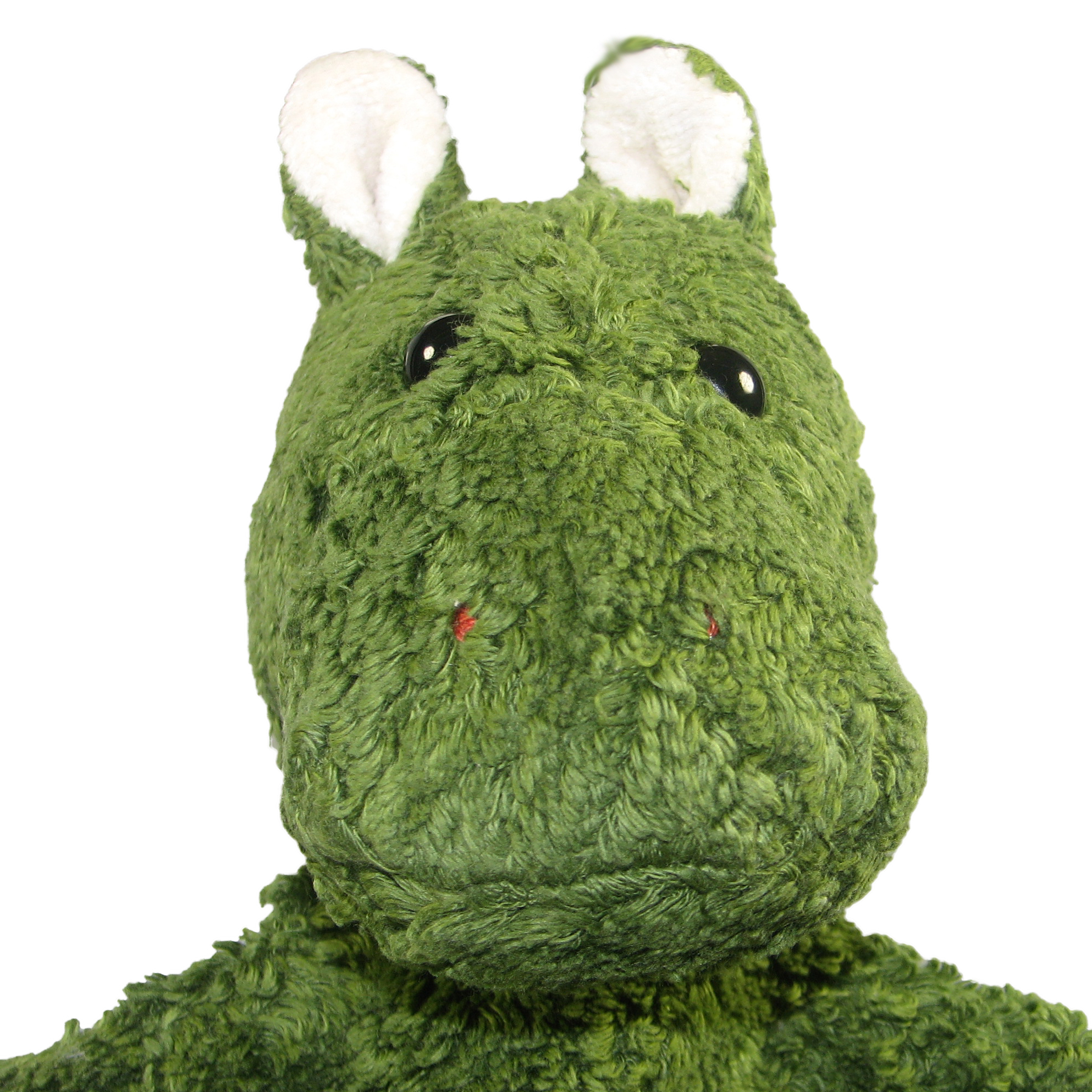 Kallisto hand puppet green hippo, portrait with small white ear tips and a rounded green head