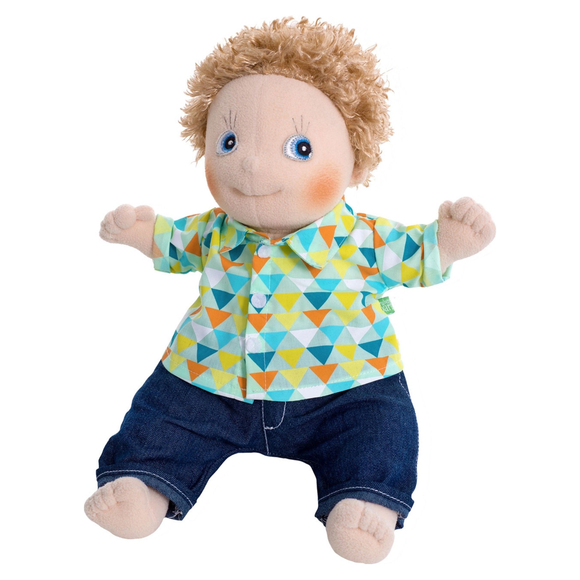 Rubens Kids doll Oliver with blond tousled hair, colourful shirt and jeans