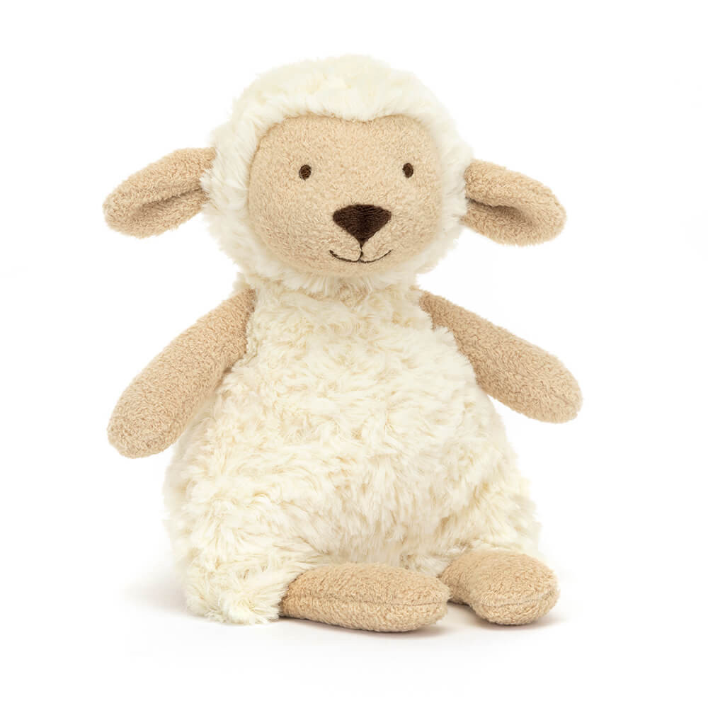 Jellycat plush toy lamb Lollie Lamb, cream-coloured plush toy with curly fur and beige ears, sitting, front view