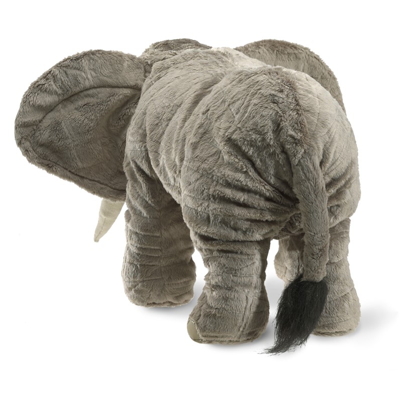 Folkmanis elephant hand puppet in grey shown from behind, with detailed wrinkle texture in the plush and a black tail tuft
