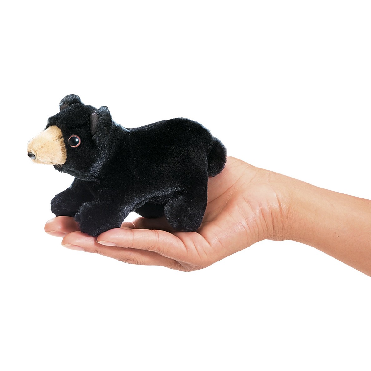 Folkmanis Mini-Fingerpuppe Schwarzbär in schwarzem Plüsch mit beigem Maul, liegend auf einer Handfläche
