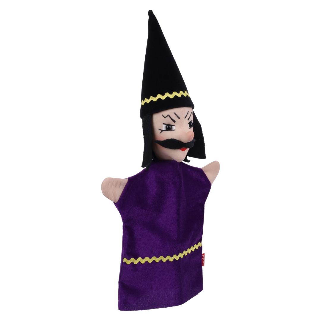 Magician hand puppet by munabo, turned to the side with a stern look and black moustache.