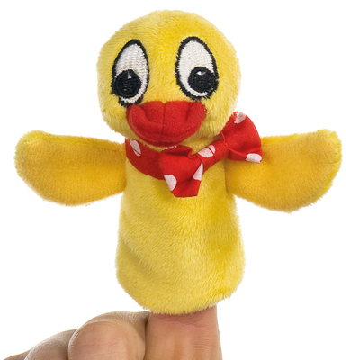 Heunec finger puppet duck Schnatterinchen from the 6-piece Sandmaennchen and friends set, yellow character with red and white polka-dot bow
