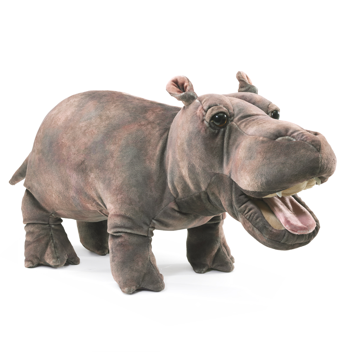 Folkmanis baby hippo hand puppet in side view, grey-brown plush hippo with wide open mouth and visible teeth