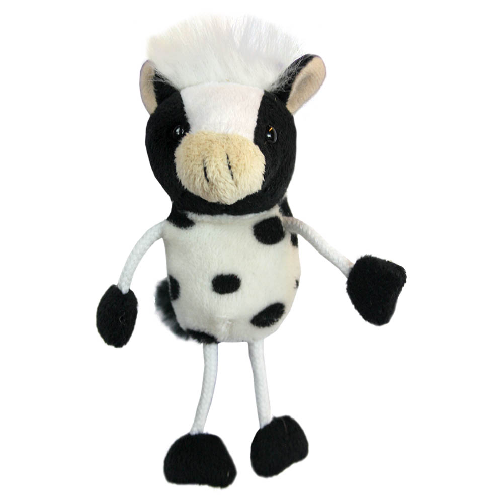 The Puppet Company Fingerpuppe Kuh, schwarz-weiß gefleckte Kuh mit weißem Pony und langen Stoffbeinen