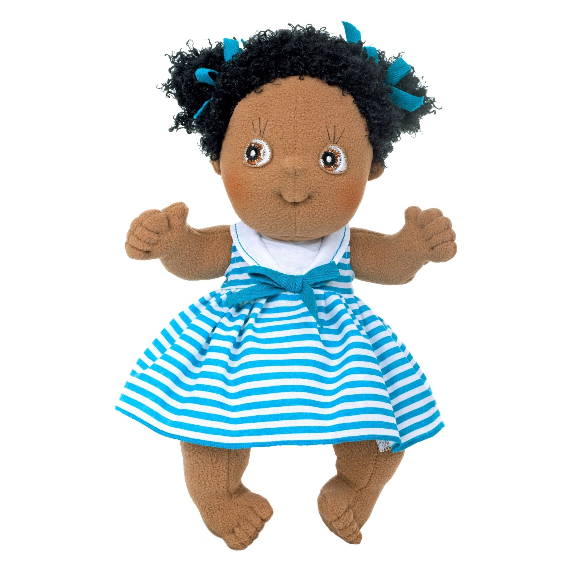Rubens Cutie doll Jennifer with black curls and a turquoise striped dress