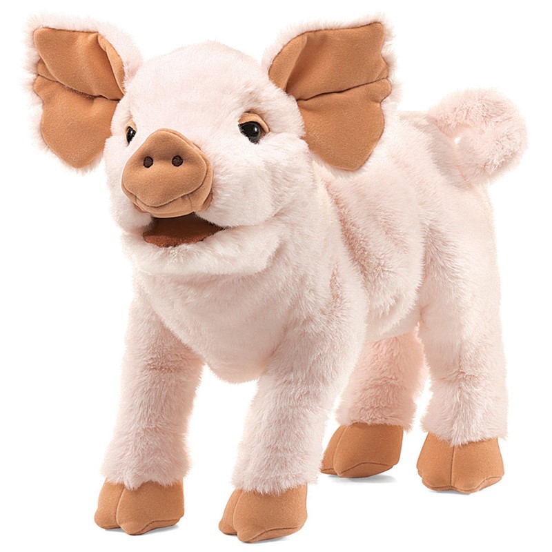 Folkmanis Handpuppe Ferkel in zartem Rosa, stehend mit geöffnetem Maul und großen abstehenden Ohren, Schrägansicht