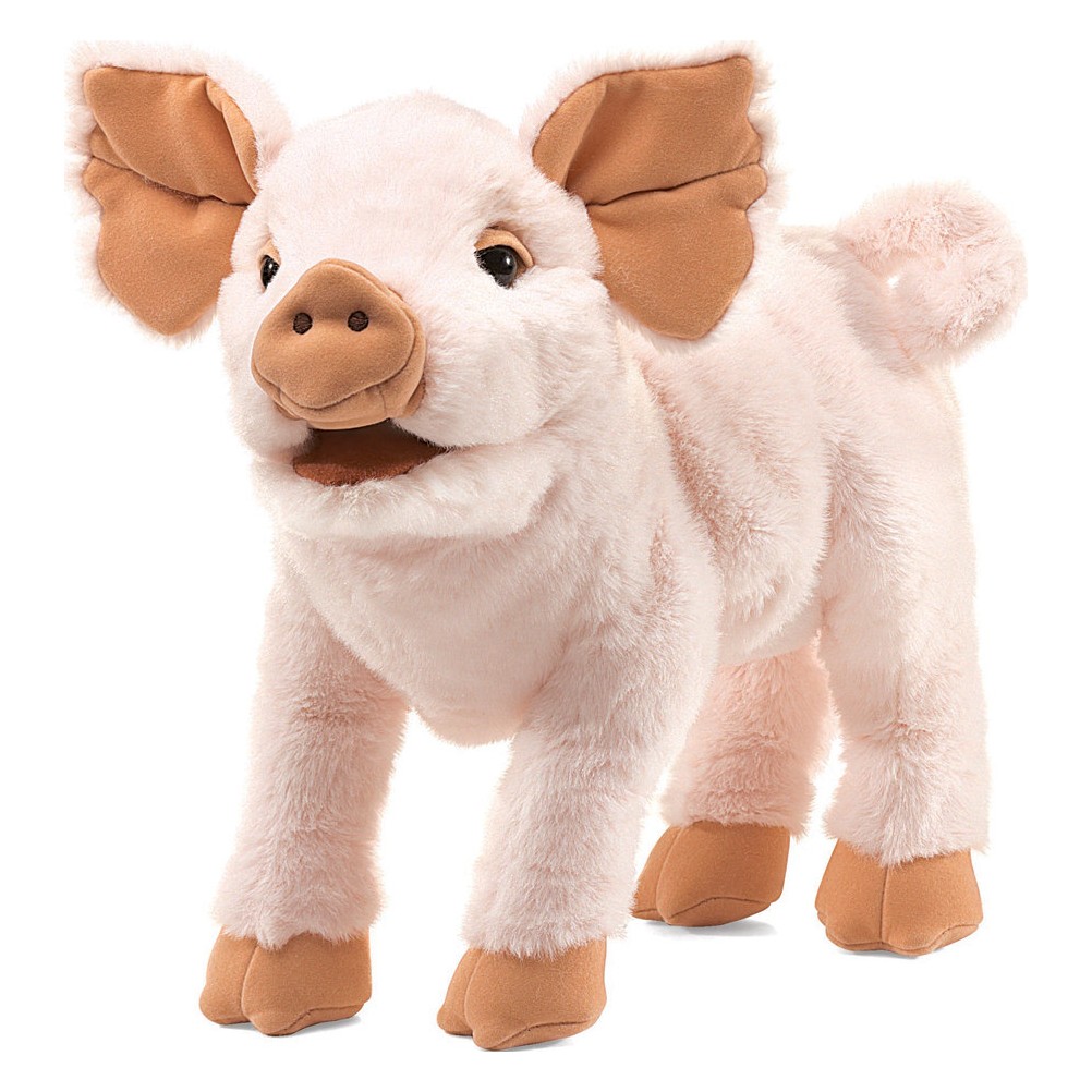 Folkmanis Handpuppe Ferkel in zartem Rosa, stehend mit geöffnetem Maul und großen abstehenden Ohren, Schrägansicht