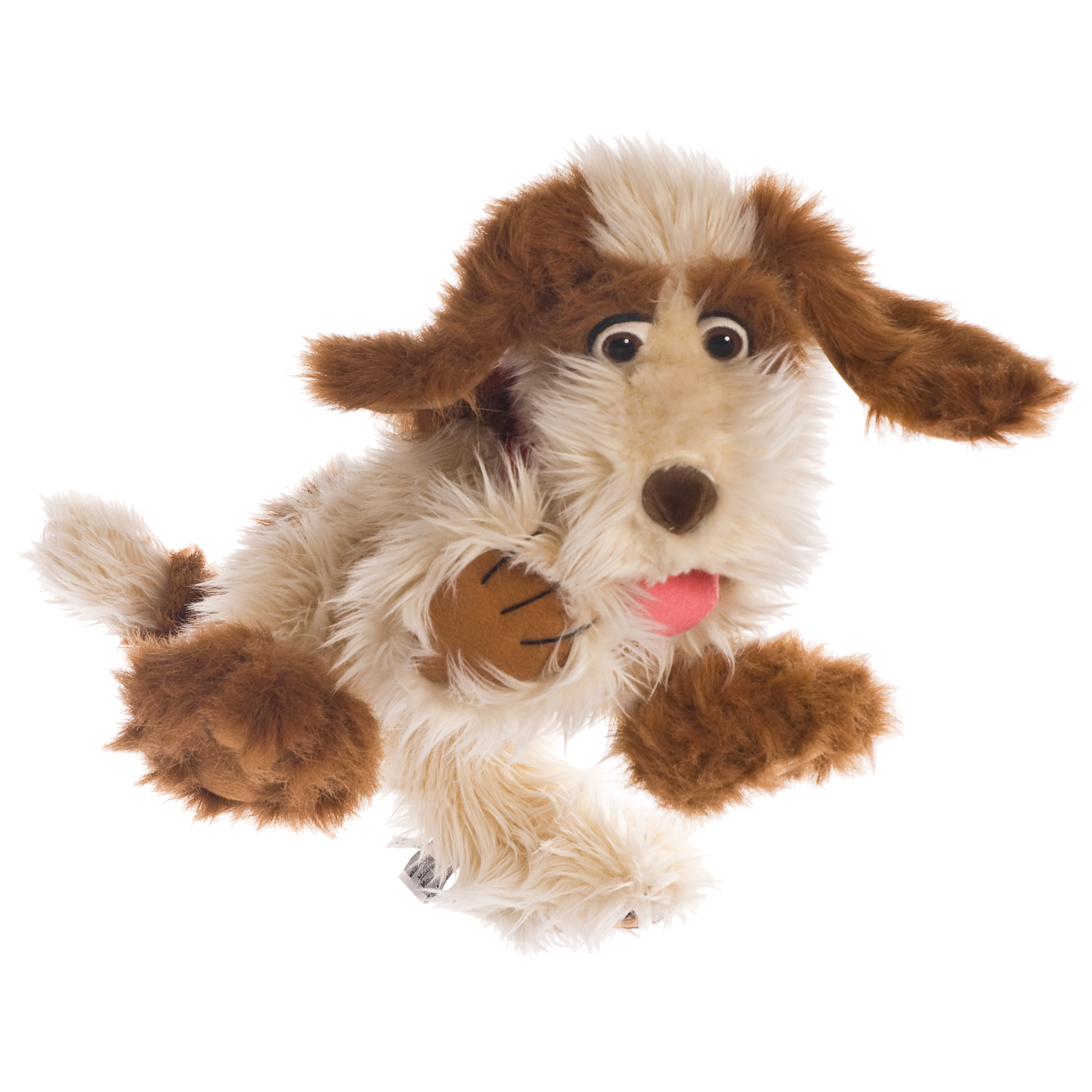 Living Puppets hand puppet Tillmann the dog with cream-coloured fur, brown floppy ears and its tongue sticking out, one paw raised