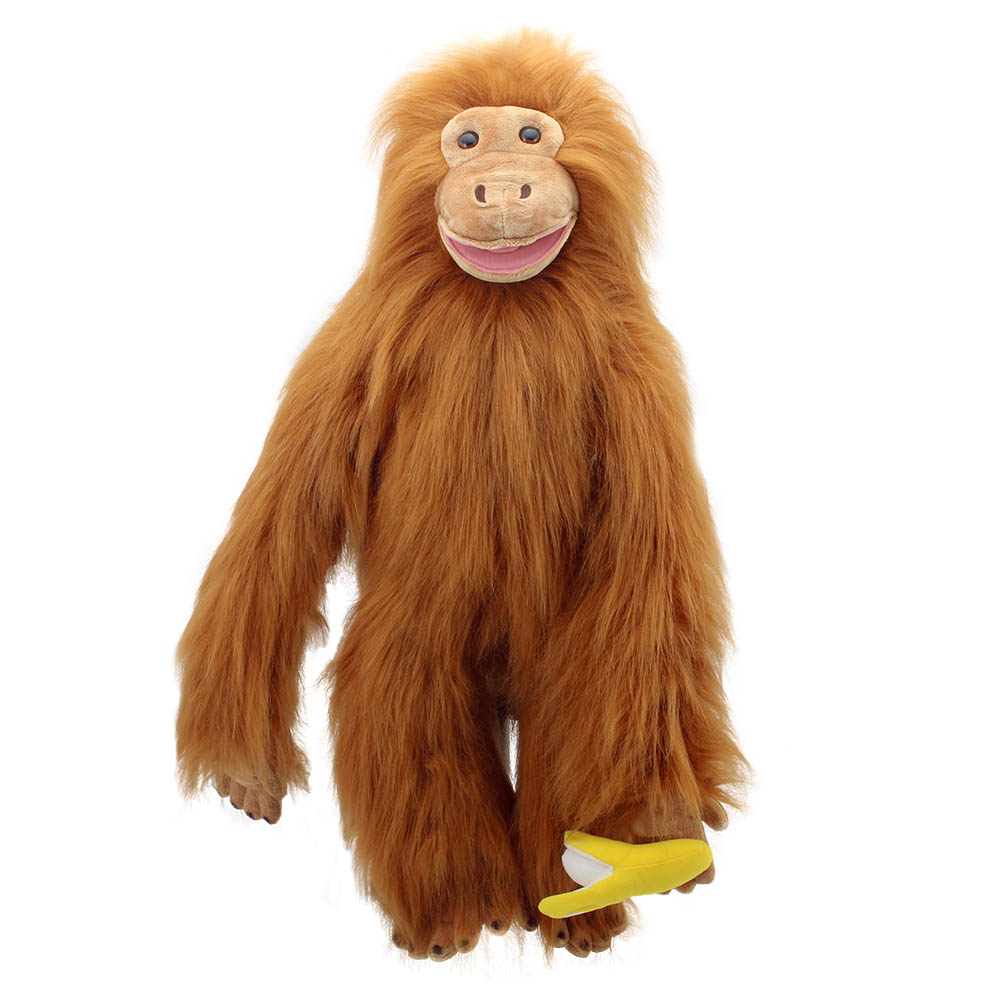 The Puppet Company giant hand puppet orangutan, orange-brown ape puppet holding a yellow banana