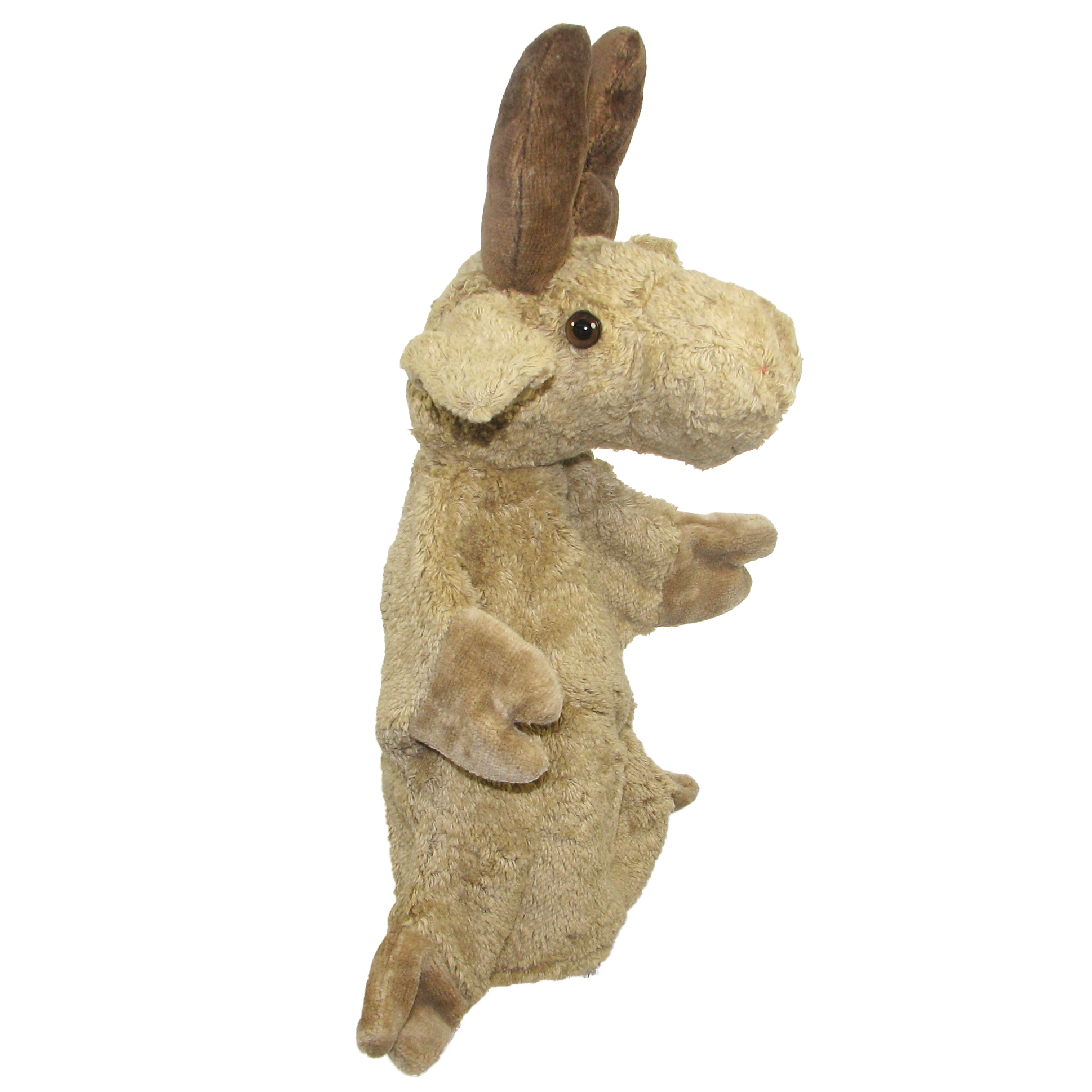 Kallisto hand puppet moose, side view with brown antlers and long ears