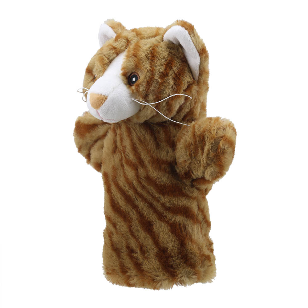 The Puppet Company baby hand puppet cat, red-brown tabby cat with white-tipped ears and an outstretched paw