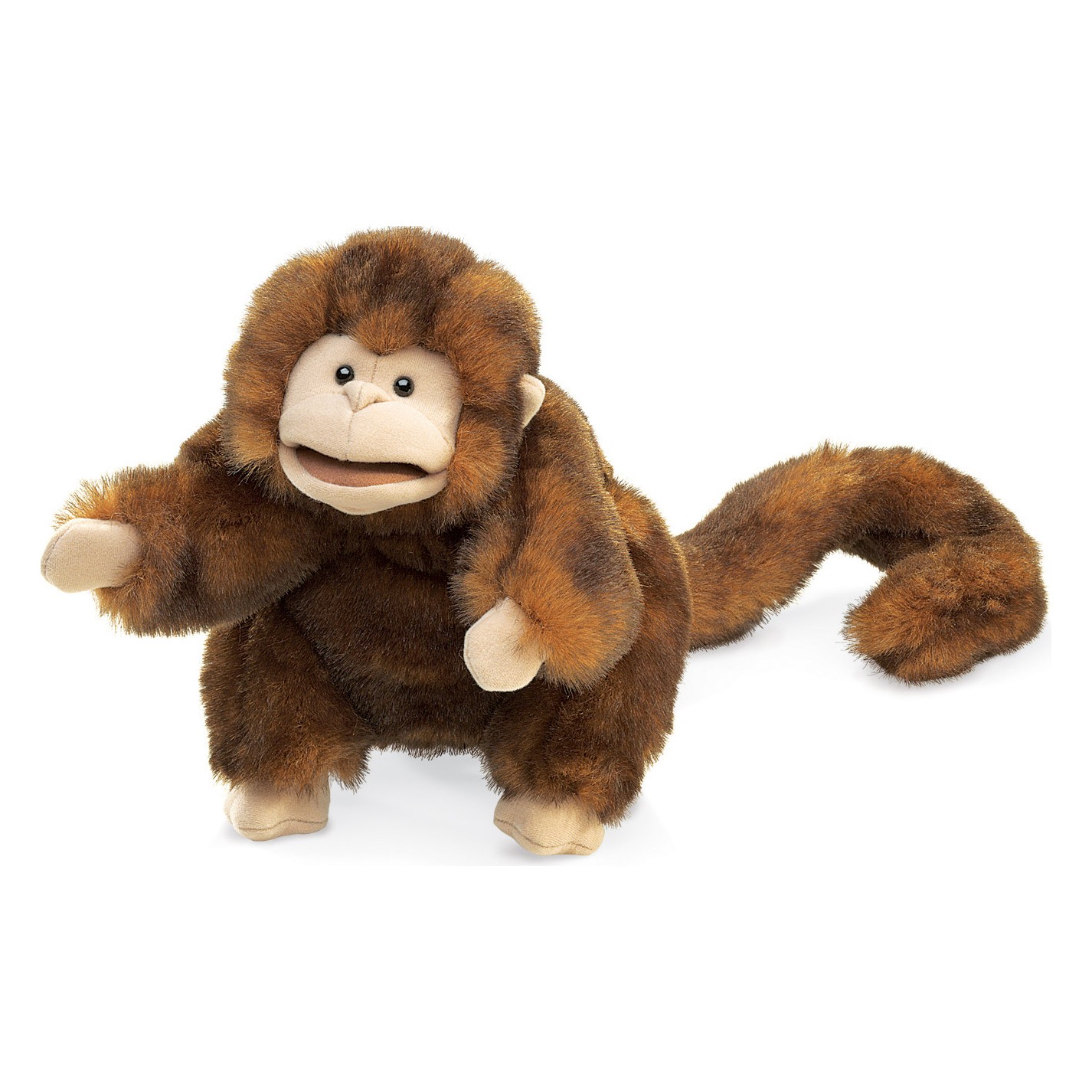Folkmanis Handpuppe Affe in braunem Plüsch mit beigem Gesicht, geöffnetem Mund und langem Ringelschwanz, Dreiviertelansicht