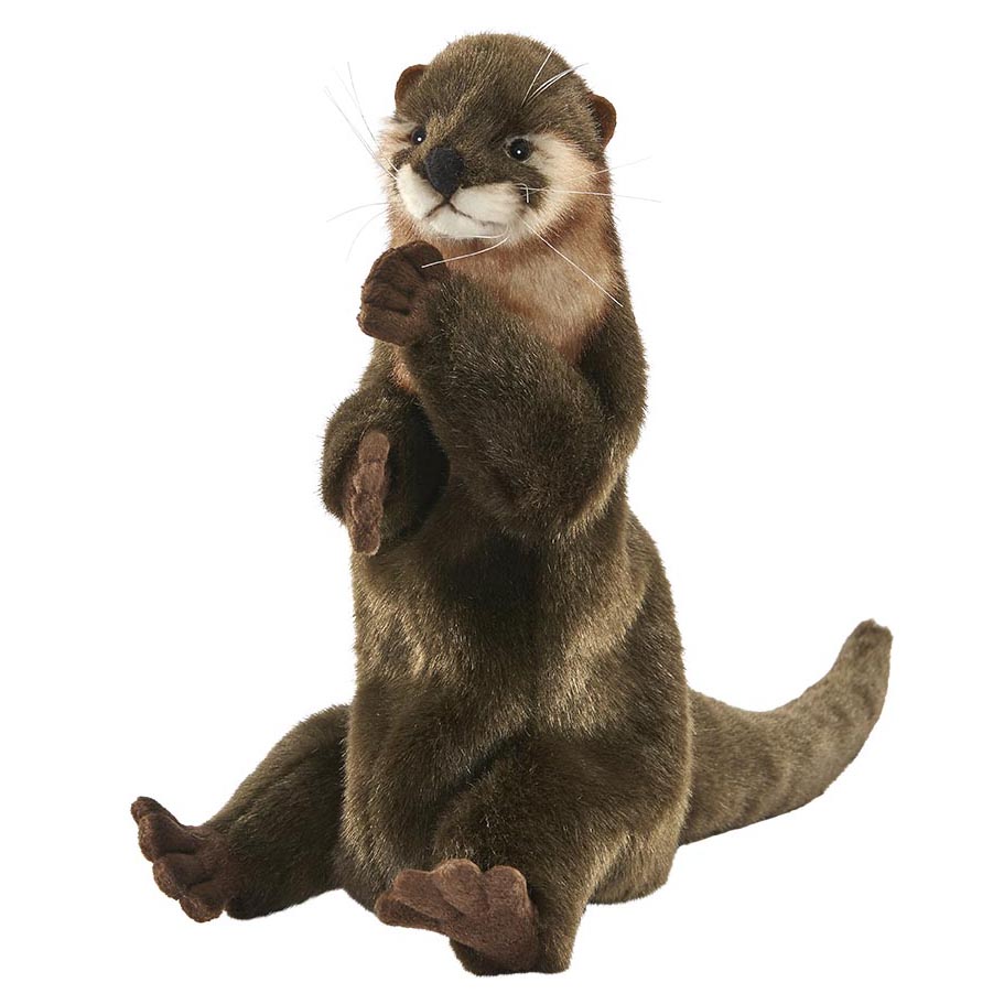 Otter Handpuppe von Hansa Creation mit dunkelbraunem Fell und heller Kehle, aufrecht