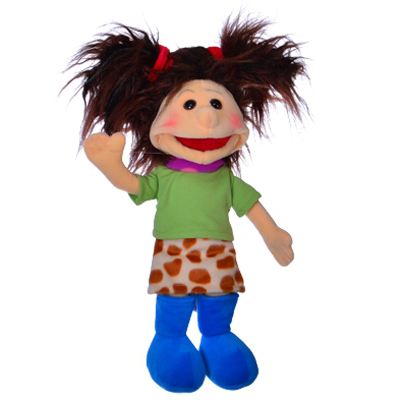 Living Puppets hand puppet Yosie Mini with dark brown pigtails, a green shirt, spotted skirt and blue shoes, waving